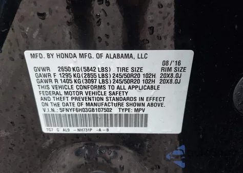 2016 Honda Pilot Elite из США, поврежденный, VIN 5FNYF6H03GB107502